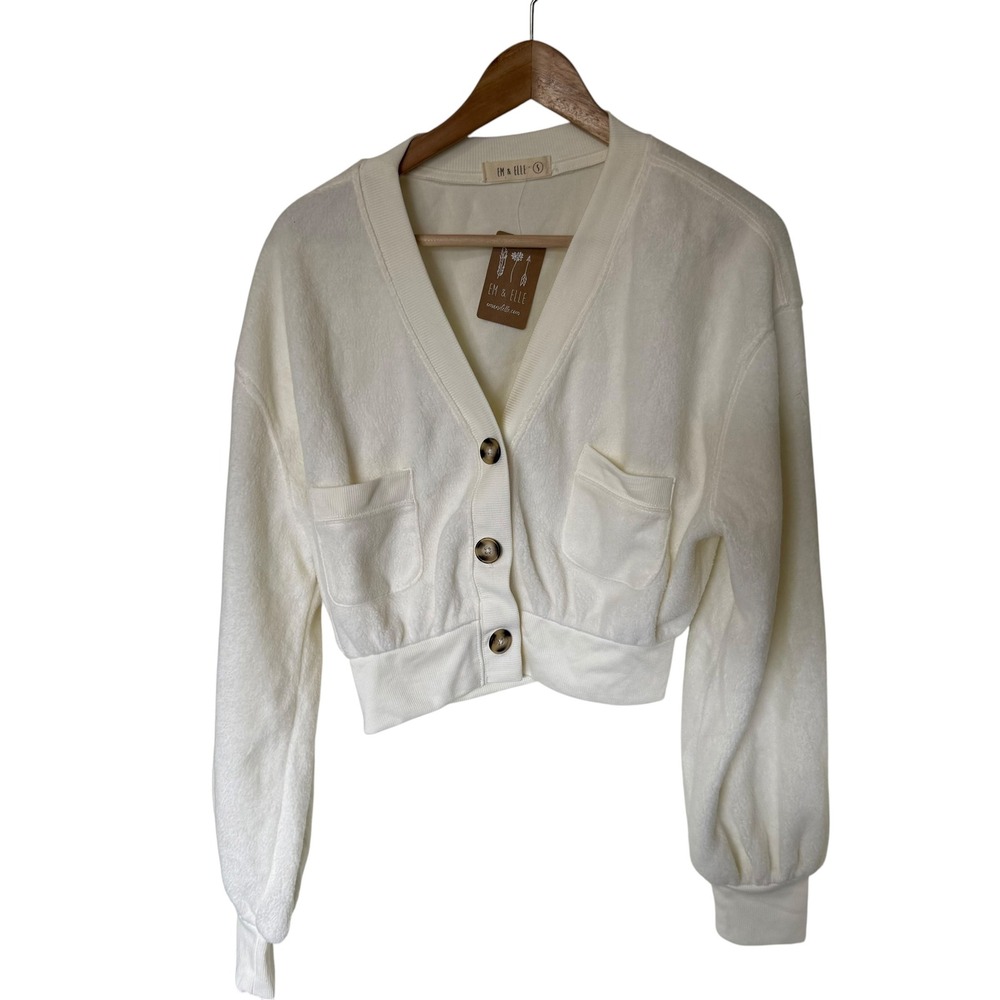 Em & Elle Cropped Cardigan Women S Cream NEW Balloon Sleeve Button Front Pocket